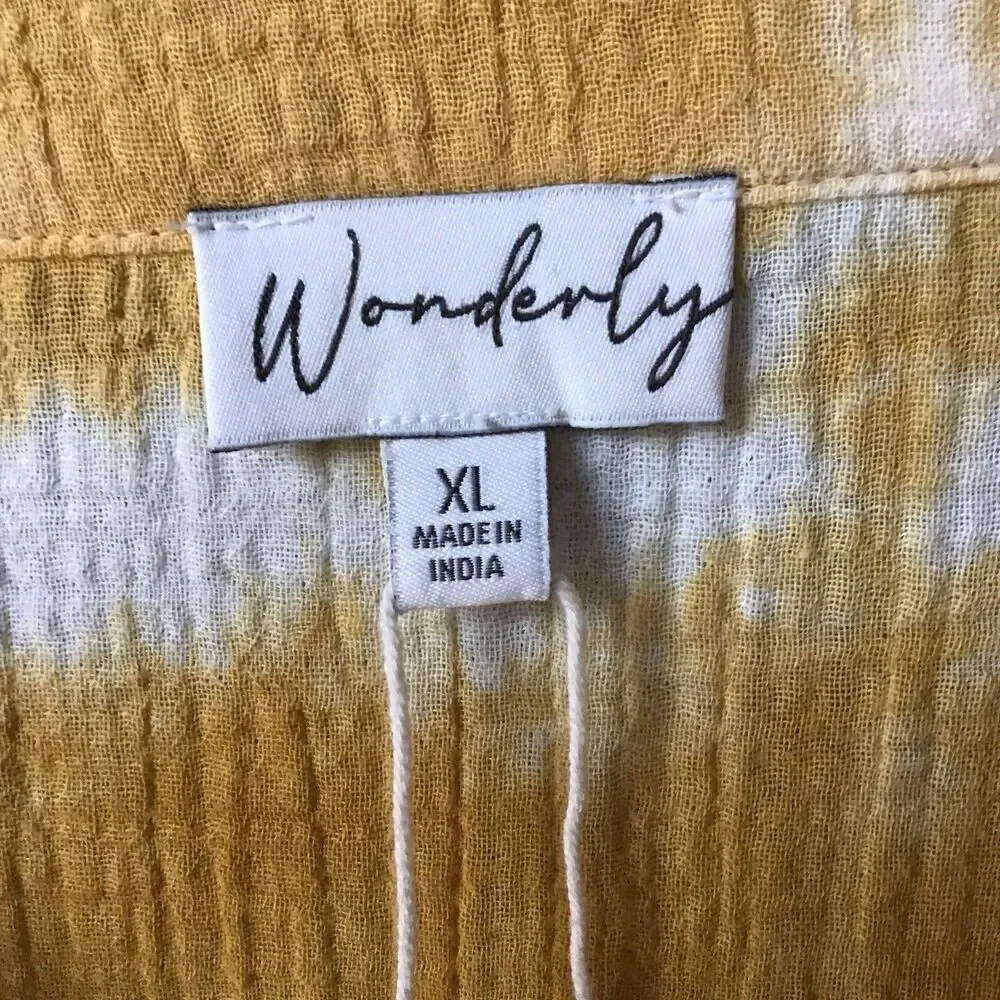 Wonderly Yellow Tie Dye Top XL V Neck Short Sleeve Cotton Gauze NWOT - Picture 4 of 6